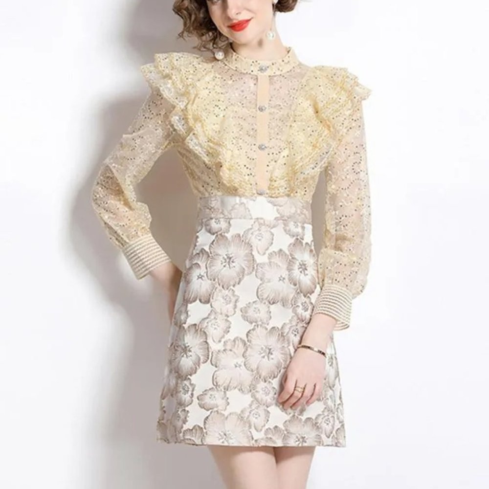 BURRYCO Gold Ruffle Lace Sequin Metallic Fit & Flare Jacquard Mini Dress 6/S